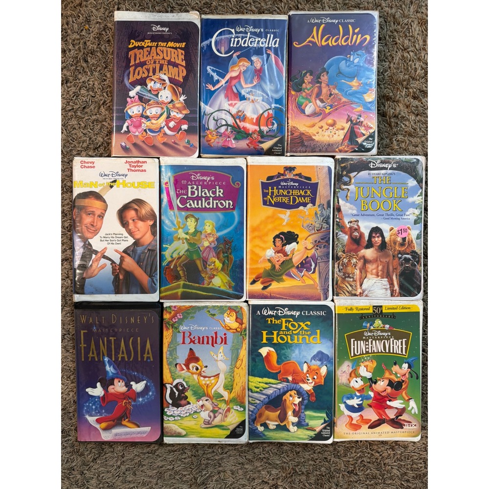 Disney VHS Bundle Lot of 11 Aladdin Cinderella Bambi Black Cauldron Fantasia